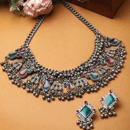 Moedbuille Silver-Plated Meenakari Work Oxidised Ghungroo-Studded Jewellery Set-5
