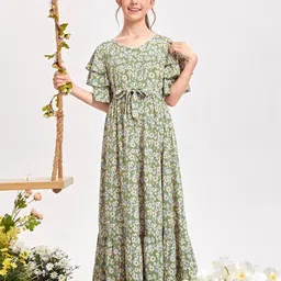 Miss & Chief Girls Floral Printed Flutter Sleeve Fit & Flare Maxi Dress-image-88
