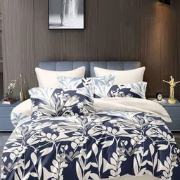 Bajo's White & Blue Floral Printed Cotton 300 TC Queen Bedsheet Set 2.25 m X 2.50 m-image-74
