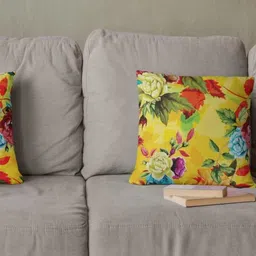 THEYAYACAFE Yellow & Red Set of 2 Floral Velvet Square Cushion Covers-18