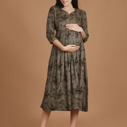 NIGHTSPREE Women Abstract Printed V-Neck Regular Sleeves Maternity Fit & Flare Midi Dress-2