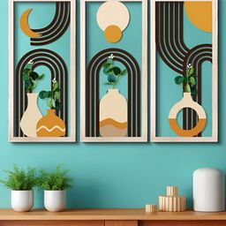 Art Street Brown & Beige 3 Pcs Textured Wooden Wall Decors With Artificial Plant-picture-3