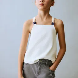 Mango Kids Girls Bead Detail Pure Cotton Top-image-67