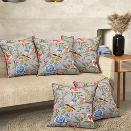 Aura Grey & Blue Set of 5 Floral Square Cushion Covers-10
