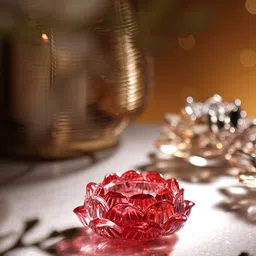Pure Home and Living Red 2 Pieces Textured Floral Shaped Glass Candle Holder-24