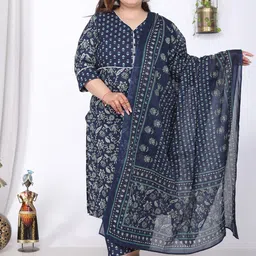 KALINI Plus Size Floral Printed V-Neck Pure Cotton Straight Kurta With Trousers & Dupatta-4