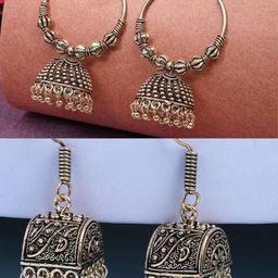 NVR Women Set of 2 Gold Plated Oxidised Contemporary Jhumka Earrings-16