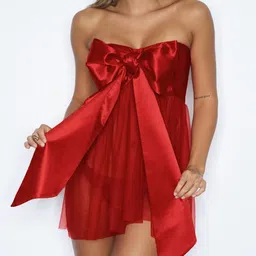 Krelin Women Self Design Front Bow Tie-Up Cup Laced  Baby Doll With Brief Nightwear-picture-52