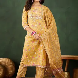 Sangria Printed & Thread Work Pure Cotton Kurta With Trousers & Dupatta Set-picture-21