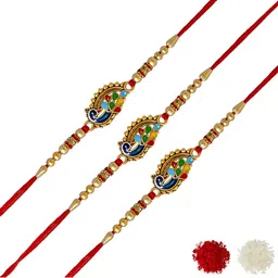 MEIRA JEWELLERY Set Of 3 Beaded Peacock Rakhi Comes with Roli Chawal & Greeting Card-image-91
