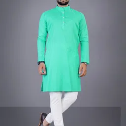 Attigo Men Sea Green Mandarin Collar Cotton Kurta-picture-49