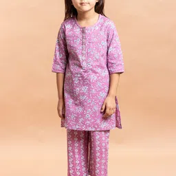 Sangria Girls Floral Printed Pure Cotton A-Line Kurta & Trousers-picture-27