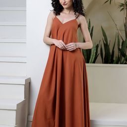 Ambraee Women Rust Strappy Cotton A-Line Maxi Dress-picture-25