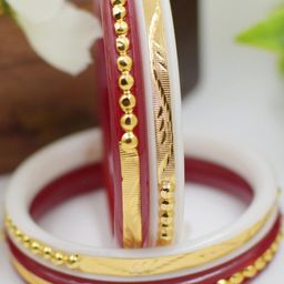 SATTIK Pack of 4 Plastic Red & White With Gold-plated Shakha Pola Bangles-image-109