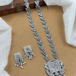 NAMAN ARTS Silver-Plated Oxidised Stone Studded & Beaded Jewellery Set-image-88