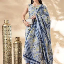 Anouk Blue Floral Printed Notch Neck Pure Cotton Anarkali Kurta With Trouser And Dupatta-image-99