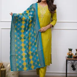 KALINI Women Ethnic Motifs Embroidered Regular Beads and Stones Chanderi Silk Kurta with Trousers & With-picture-42