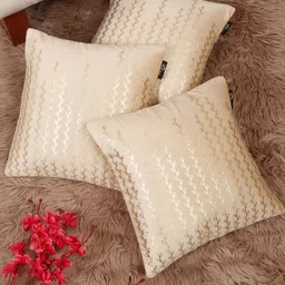 Myntra Elegant Homes Cream-Coloured 3 Pieces Ethnic Motifs Velvet Square Cushion Covers-image-16