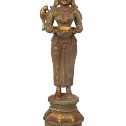 Exotic India Gold Toned & Red Textured Brass Deepalakshmi Showpiece-11