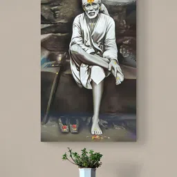 Tushaco Handicrafts Grey & White Sai Baba Religious Canvas Wall Art-image-48