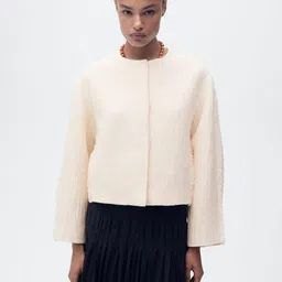 MANGO Self-Design Collarless Pure Cotton Drop-Shoulder Sleeves Oversized Tailored Jacket-21