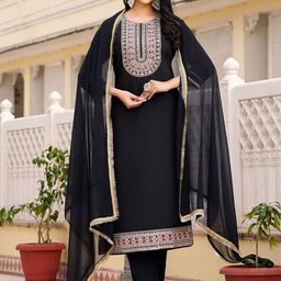 VIBE VISION Floral Yoke Design Round Neck Thread Work Kurta With Trouser & Dupatta-7
