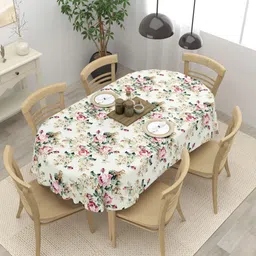 Clasiko Off White & Pink Floral Printed Anti-Skid Cotton 6-Seater Table Cover-7