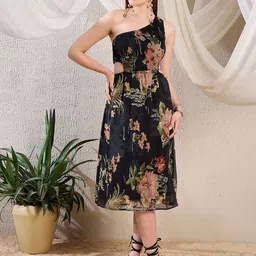 ZYNG Women Floral Printed One Shoulder Fit & Flare Midi Dress-image-97