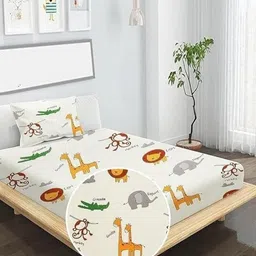 BEDROSE Little Stars Cream-Coloured Cartoon Characters Printed 144 TC Single Bedsheet Set-26