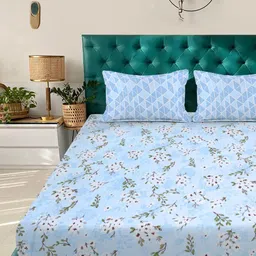 KLOTTHE Blue Floral Printed Flat 300 TC Cotton Blend Double Bedsheet With Pillow Covers-picture-27