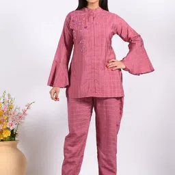 Morchari Checked Mandarin Collar Neck Top & Flared Trouser Co-Ords-image-4