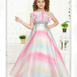 PINK LEAF Girls Ombre Dyed Round Neck Satin Gown Dress-7