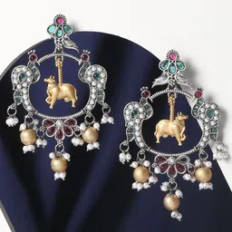 Anouk Silver-Plated Stones Studded and Beaded Oxidised Animal Shaped Drop Earrings-0