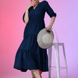 Femvy Crepe V-Neck Puff Sleeves Tiered Fit & Flare Midi Dress-picture-14