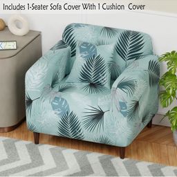 Aura Blue & White Printed Polyester 1 Piece Sofa Cover With Arms-image-29