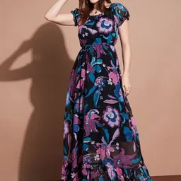 Femvy Women Print Puff Sleeve Fit & Flare Maxi Dress-picture-45