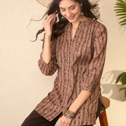 AHIKA Print Mandarin Collar Ethnic Top-image-3