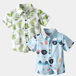 BAESD Boys Pack of 2 Classic Fit Floral Printed Spread Collar Cotton Casual Shirts-image-65
