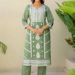 Anouk Green Floral Embroidered Pure Silk Straight Kurta With Trousers & Dupatta-image-22