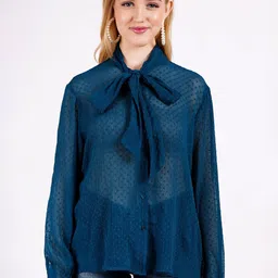 MINGLAY Women Self Design Tie-Up Neck A - Line Top-picture-35