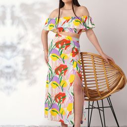 Globus Floral Printed Off Shoulder Crop Top With Skirt Co-Ords Set-picture-6