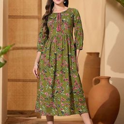 Sangria Women Floral Printed Tie-Up Neck Cotton Fit & Flare Midi Dress-picture-5