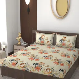 VOMZER Cream & Orange Floral Printed Cotton 210TC Fitted Queen Bedsheet Set- 1.98m x 1.53m-24