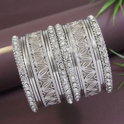 I Jewels Set Of 14 Silver-Plated Stone Studded Textured Navratri Ethnic Bangles-image-12