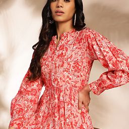 KALINI Floral Print Keyhole Neck Puff Sleeve Ruffled Fit & Flare Midi Dress-image-81