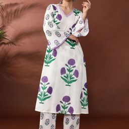 Anouk Floral Printed V-Neck Straight Pure Cotton Kurta With Trouser-40