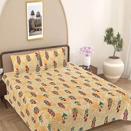 FrionKandy Living Peach-Coloured & Red Floral 180 TC King Bedsheet with 2 Pillow Covers-picture-4