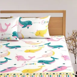 Aura White & Yellow Cartoon Printed 250 TC Cotton King Bedsheet Set 2.60 m x 2.60 m-10