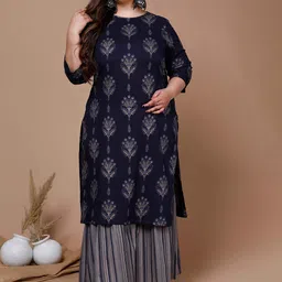Doriyaan Plus Size Floral Printed Round Neck Pure Cotton Straight Kurta With Sharara-20