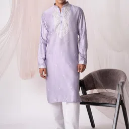 5 Stitch Ethnic Motifs Embroidered Band Collar Straight Kurta With Pyjamas-image-43